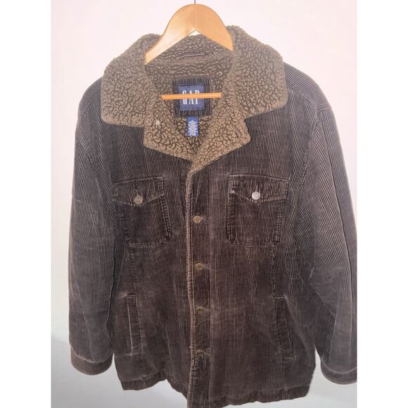 Gap Men's Corduroy Jacket L Chocolate Brown Sherpa Collar Y2K Button Up Pockets - Picture 5 of 11